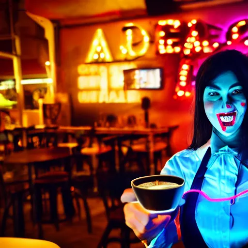 Prompt: a photograph of a vampire barista serving in a coffee shop at night with a neon sing in the background, studio lighting, 4k