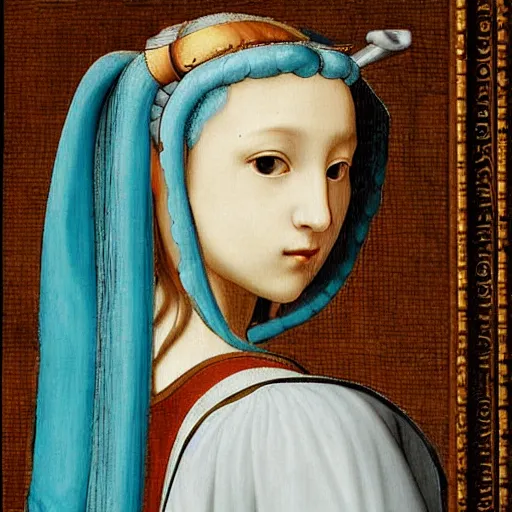 Image similar to a renaissance-era painting of Hatsune Miku, beautiful detail, painted by Leonardo Da Vinci