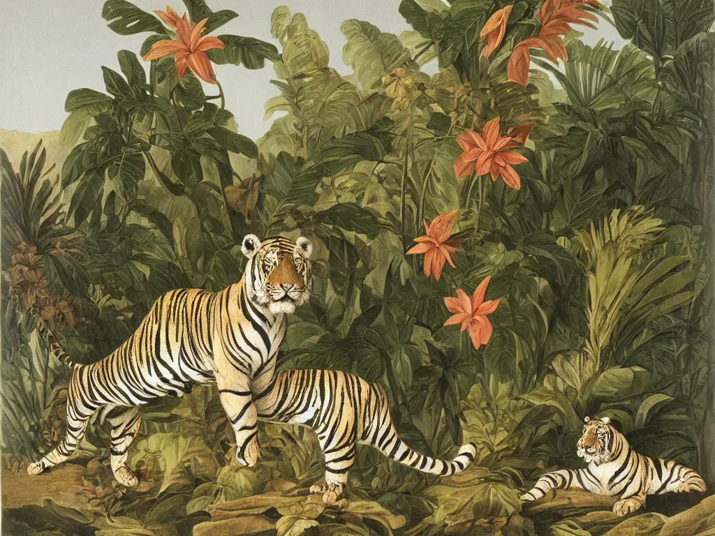 Image similar to muscular tiger, tropical plants in background, botanical, large exotic flowers, biology, painted by john audubon