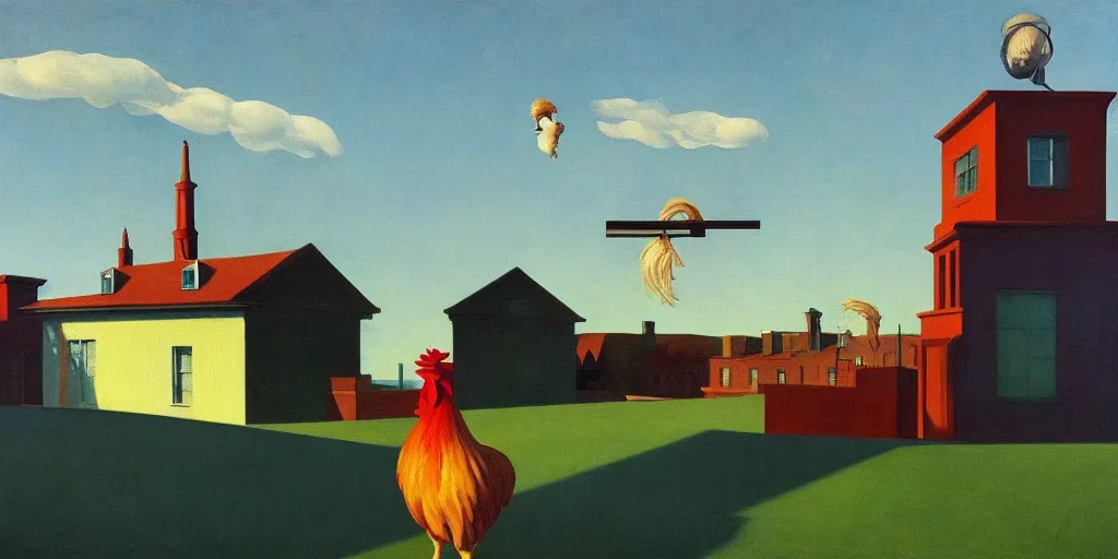 Image similar to peculiar rooster pictured in afternoon light, clouds, bird, open ceiling, strange foreign objects, surrealist oil painting by edward hopper, chirico and rene magritte