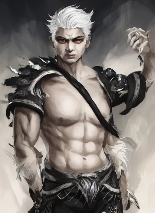 Image similar to a highly detailed illustration of white haired fierce asian man with short white hair parted down middle, wearing white kimono with black shirt, with black sclera eyes, heroically battle posing, muscular, intricate, elegant, highly detailed, centered, digital painting, artstation, concept art, smooth, sharp focus, league of legends concept art, WLOP