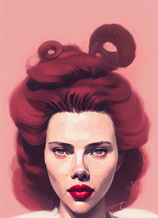 Prompt: highly detailed portrait of scarlett johanson with scarlet lips making a pogchamp face, poggers, photographic realistic background, ringlet hair by atey ghailan, by greg rutkowski, by greg tocchini, by james gilleard, by joe fenton, by kaethe butcher, gradient pink, black, cream and white color scheme, trending in instagram, award winning details