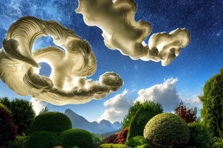 Prompt: a huge flock of many intricate elegant french horn cloud sculptures, art nouveau garden environment, soothing, milky way, award winning art, epic dreamlike fantasy landscape, ultra realistic,