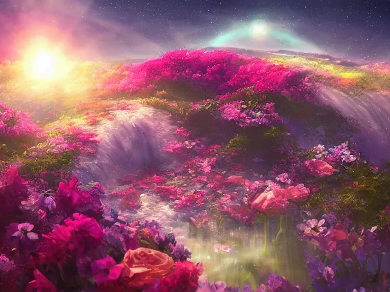 Image similar to a fine painting of a glorious place where love conquers all, where the heavens open to the great cosmos, where flowers are launched into the unknown 8 k, ultra realistic, lens flare, atmosphere, glow, detailed, intricate, full of colour, cinematic lighting, trending on artstation, 4 k, hyperrealistic, focused, extreme details, unreal engine 5, cinematic, masterpiece