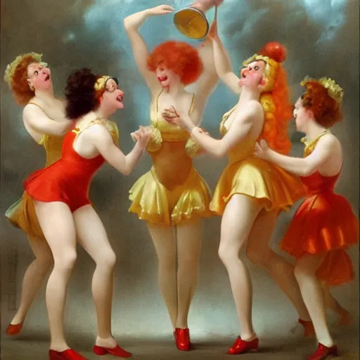 Image similar to a group of women dressed in Ronald McDonald costumes dancing around a boiling cauldron by Luis Ricardo Falero