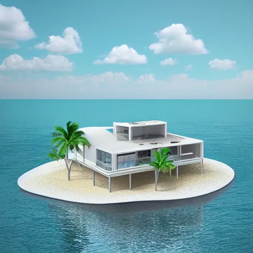 Image similar to “ a realistic model of a house floating on the beach of miami, 8 k render designed by norman foster ”