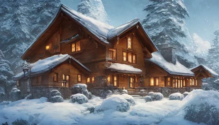 Image similar to A highly detailed matte painting of Modern chalet built in the snowy mountains, by Studio Ghibli, Makoto Shinkai, by Artgerm, by WLOP, by Greg Rutkowski, volumetric lighting, octane render, 4K resolution