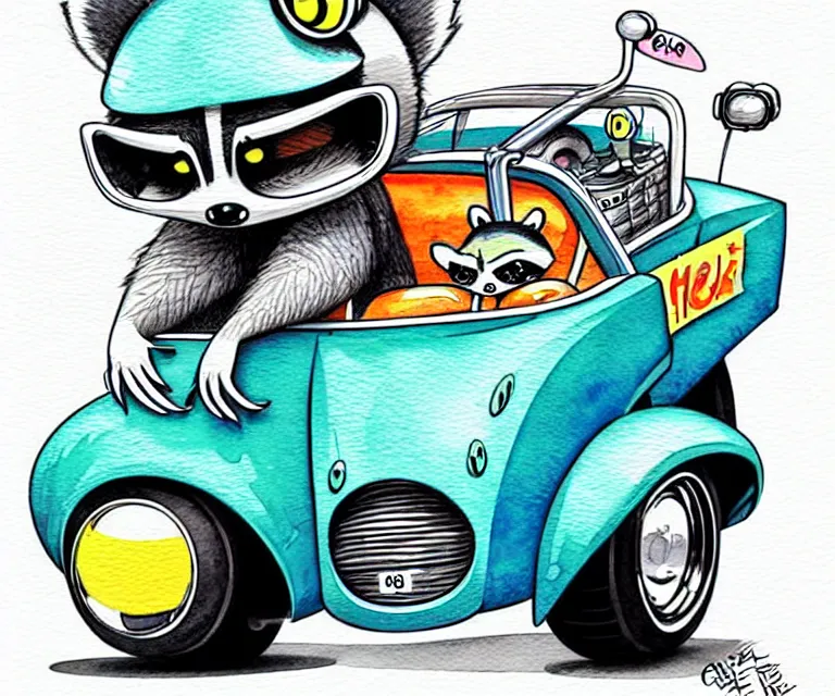 Image similar to cute and funny, racoon wearing a helmet riding in a tiny hot rod coupe with oversized engine, ratfink style by ed roth, centered award winning watercolor pen illustration, isometric illustration by chihiro iwasaki, edited by range murata