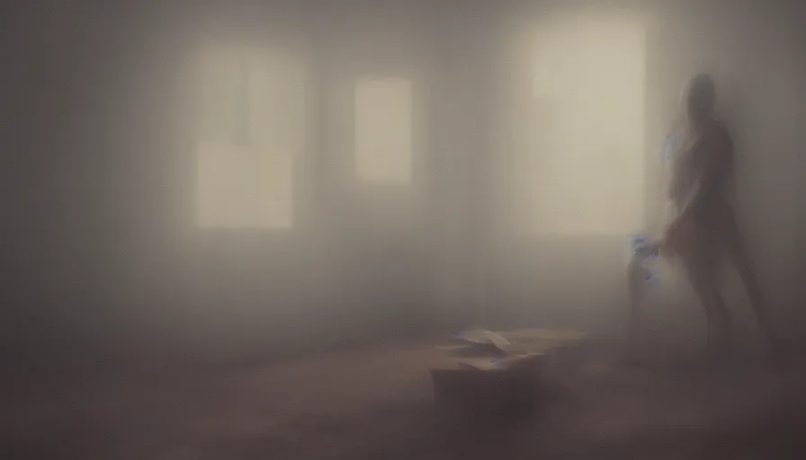 Image similar to a painting of a possessed woman in a foggy room by jama jurabaev, cinematic shot, trending on artstation, high quality, ultra realistic