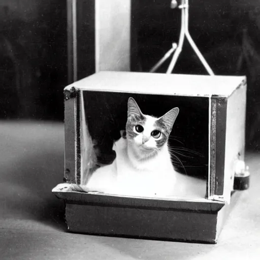 Image similar to full - color 1 9 3 5 photo of schrodinger's cat inside the experimental box. the cat is alive and dead at the same time. the box contains a flask of poison and a radioactive source and a geiger counter. the flask is broken or unbroken. professional science - journal photography.