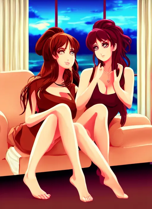 Image similar to two beautiful housewives in the living room on a hot summer evening, gorgeous faces, thick lines, cinematic lighting, detailed anime art