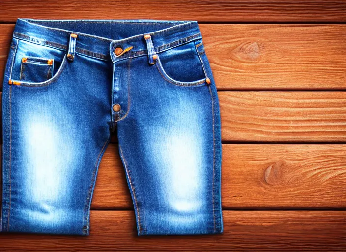 Prompt: clear highly detailed photorealistic topdown mockup product photograph of a realisticfolded pair of jeans on a wooden background