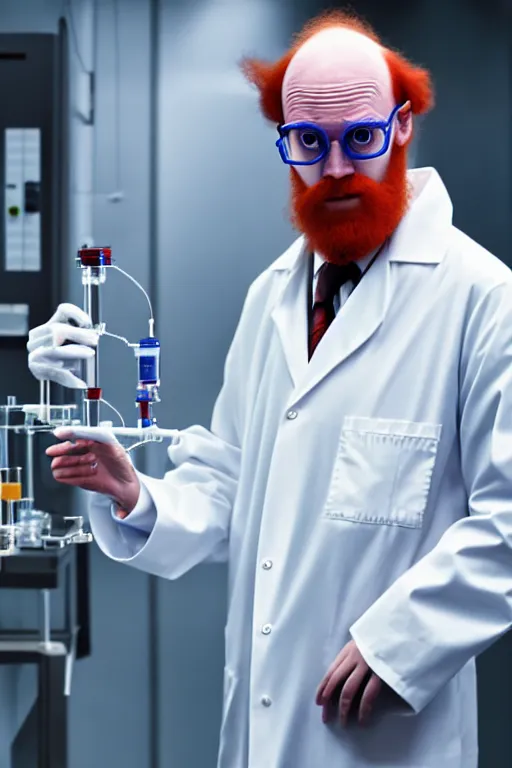 Image similar to an awkwardly tall scientist with 3 eyes and a tangled beard and unruly red hair atop his balding head wearing a labcoat and holding a beaker, high resolution film still, movie by Ivan Reitman