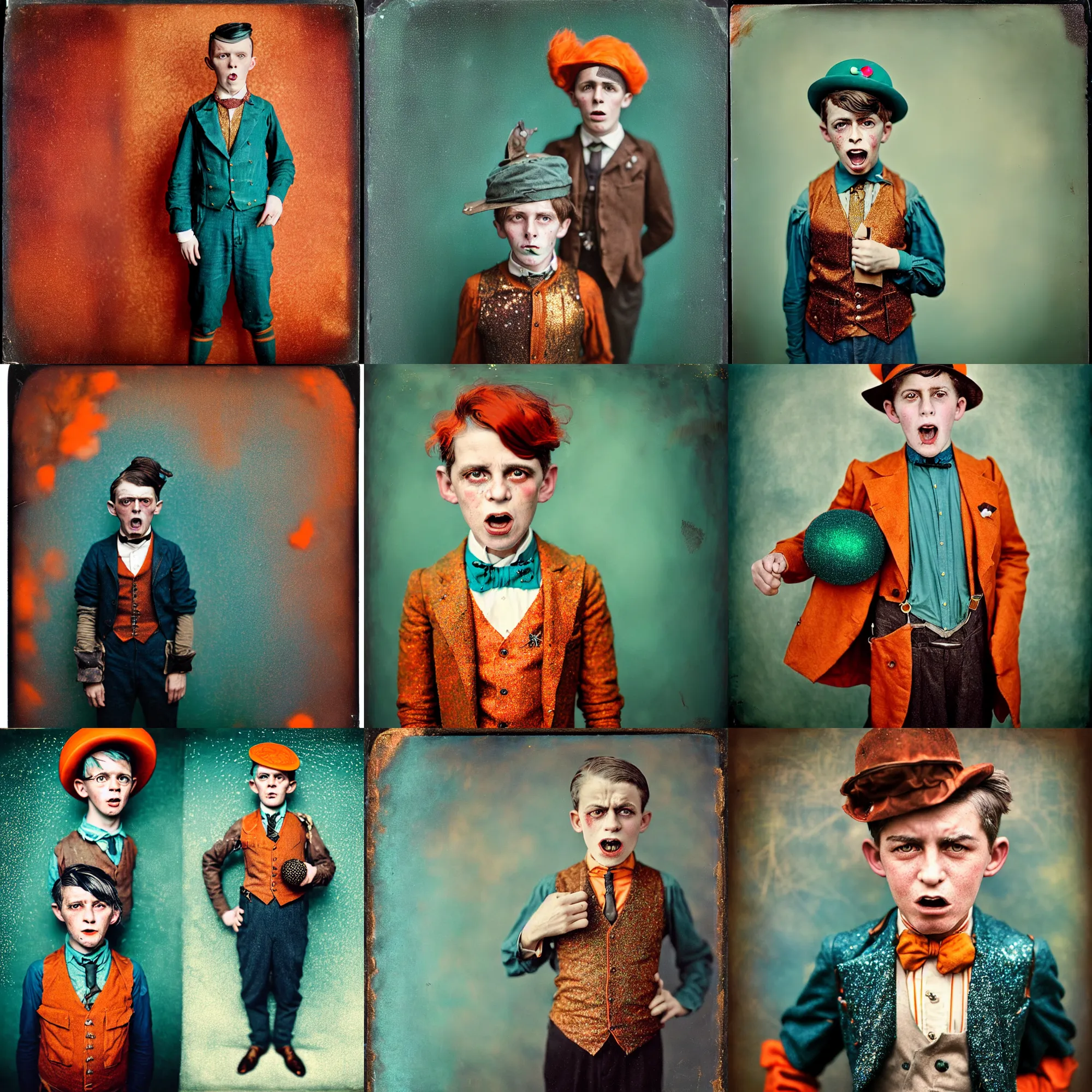Prompt: kodak portra 4 0 0, wetplate, beautiful realistic character portrait photo of a angry screaming 8 year old steampunk boy hero in the 1 9 2 0 s, wearing a melon, 1 9 2 0 s cloth hair, coloured in teal and orange, muted colours, by britt marling, glitter storm