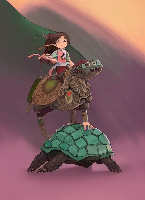 Image similar to portrait of a little warrior girl character riding on top of a giant armored turtle in the desert, studio ghibli epic character with dark skin and beautiful green eyes, very beautiful detailed symmetrical face, long black hair, bright colors, diffuse light, dramatic landscape, fantasy illustration