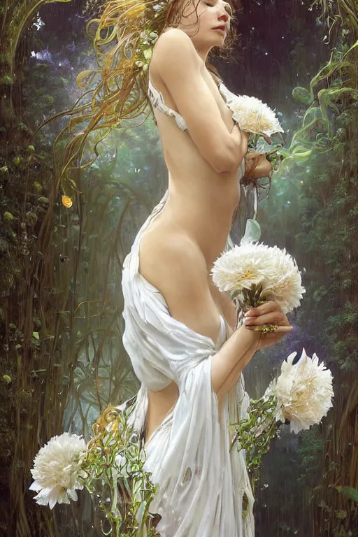 Image similar to portrait of a beautiful woman wearing a white dress, holding a bouquet of flowing flowers, drenched body, wet dripping hair, emerging from the water, fantasy, regal, fractal crystal, fractal gems, by stanley artgerm lau, greg rutkowski, alphonse mucha, loish, norman rockwell