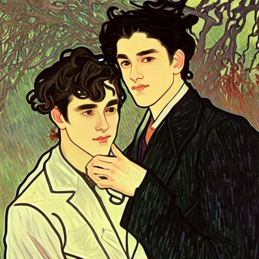 Image similar to painting of young cute handsome beautiful dark medium wavy hair man in his 2 0 s named shadow taehyung and cute handsome beautiful min - jun together at the graveyard party, ghostly, haunted graveyard, ghosts, autumn! colors, elegant, wearing suits!, clothes!, delicate facial features, art by alphonse mucha, vincent van gogh, egon schiele