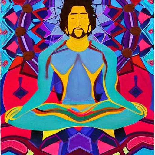 Prompt: A beautiful painting of a man with a large head, sitting in what appears to be a meditative pose. His eyes are closed and he has a serene look on his face. His body is made up of colorful geometric shapes and patterns that twist and turn in different directions. It's almost as if he's sitting in the middle of a kaleidoscope! electric purple by Peter Holme III, by Phoebe Anna Traquair ghostly, sinister
