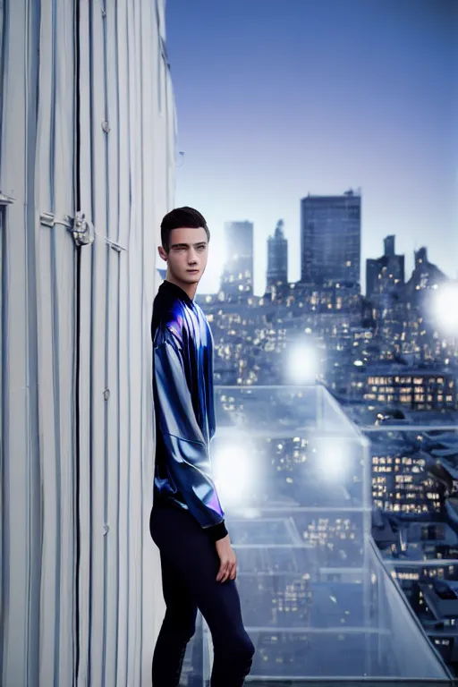 Image similar to un ultra high definition studio quality photographic art portrait of a young man standing on the rooftop of a british apartment building wearing soft baggy inflatable padded silver iridescent pearlescent clothing. three point light. extremely detailed. golden ratio, ray tracing, volumetric light, shallow depth of field. set dressed.