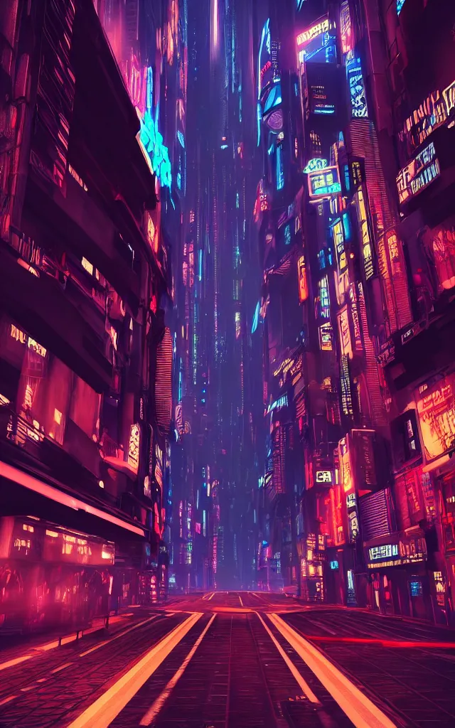 Prompt: A magnificent dark neon futuristic cyberpunk city bustling street at night made in cinema4d, hyper realistic, extreme details, cinematic