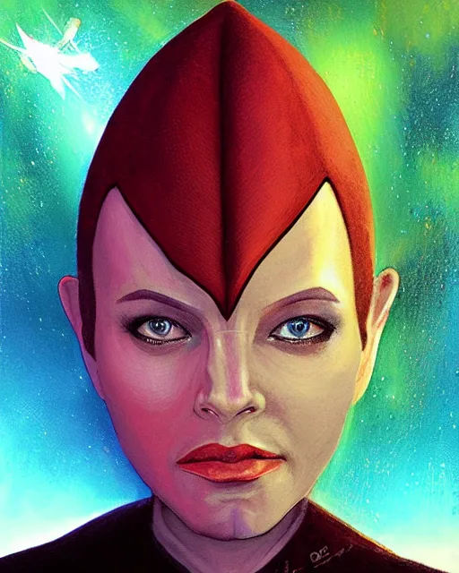 Prompt: Portrait photo of an Asari from Mass Effect as a Starfleet officer by Paul Lehr