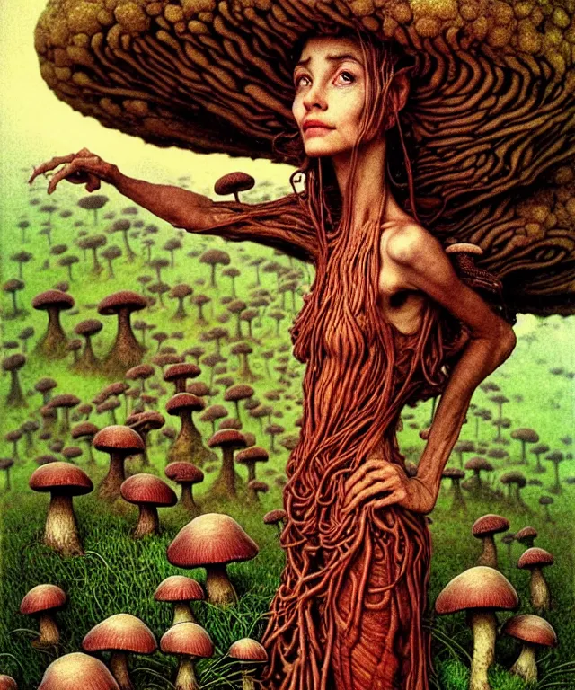 Image similar to A detailed funguswoman stands among the mushroom hills. Wearing a fungus and mushroom . Perfect faces, extremely high details, realistic, fantasy art, solo, masterpiece, art by Zdzisław Beksiński, Arthur Rackham, Dariusz Zawadzki, Edward Robert Hughes, Eugene de Blaas