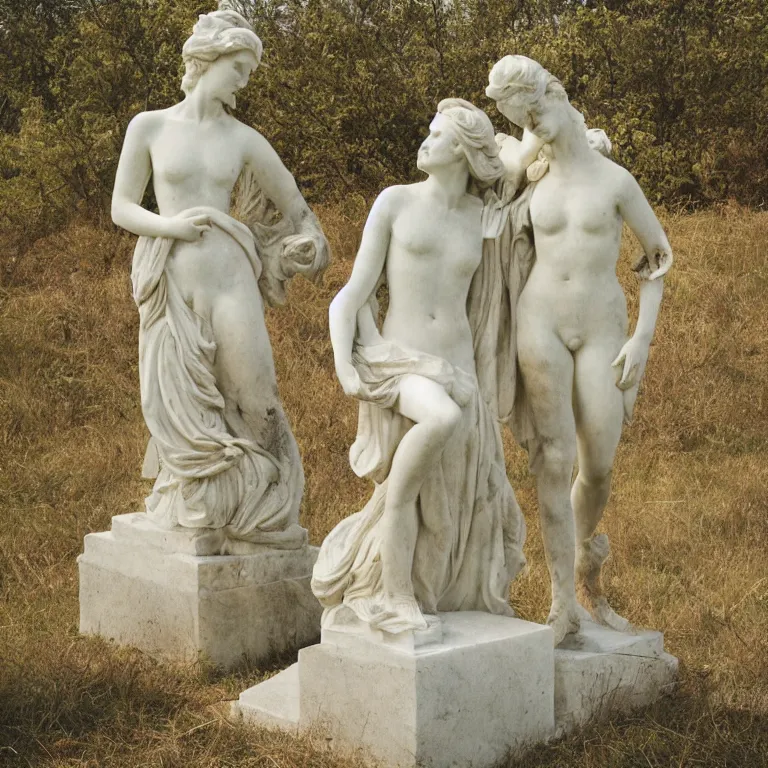 Prompt: marble statues in a field, film photo, soft lighting album cover, nostalgia, gradient