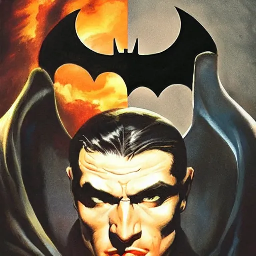 Image similar to an ultra - realistic portrait painting of batman in the style of frank frazetta. 4 k. ultra - realistic. highly detailed. dark fantasy. epic lighting.