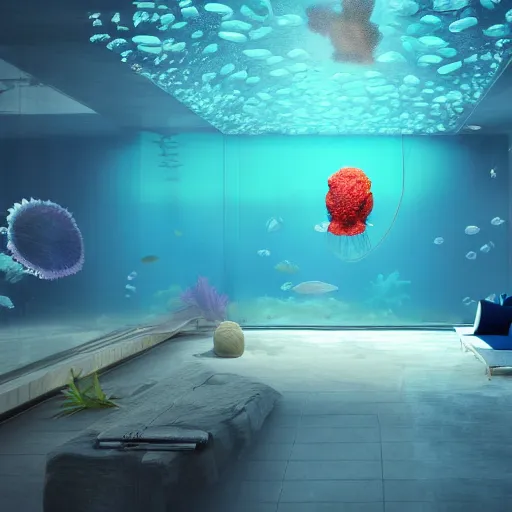 Image similar to the realistic photo of the modern room as aquarium with a big jellyfish and corals, under the ocean, realistic colors, realistic shadows, daylight made in blender, hd, 3 d by beeple and damian hirst