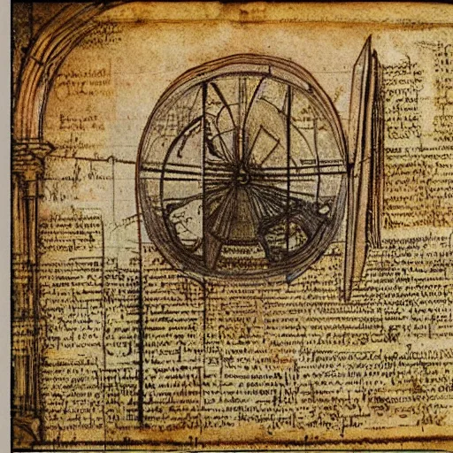 Prompt: vintage, detailed, colored sketch of time machine instruction, all parts, with full descriptions, on old parchment, by leonardo da vinci