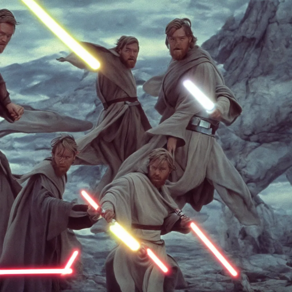 Prompt: [old obi wan kenobi] fights [young obi wan kenobi] in a lightsaber-duel, alien landscape in the background