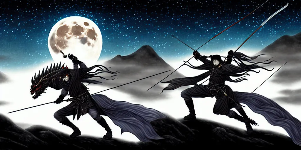Image similar to korean archer. dragon. night sky. moon. mountain. dark fantasy. high resolution. epic fight. detailed. digital art. dark fantasy. kentaro miura