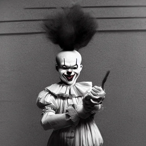 Image similar to Creepy full body shot of Pennywise the clown, old photo, grayscale