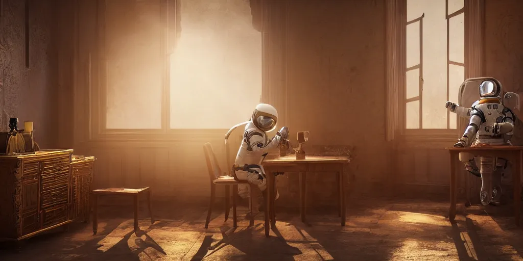 Image similar to a single cosmonaut in a spacesuit drinks a steaming cup of tea at an old wooden desk in a richly decorated indian house. the autumn light comes in through a window and dimly illuminates the room, diffuse light, octane render, 4k, matte painting