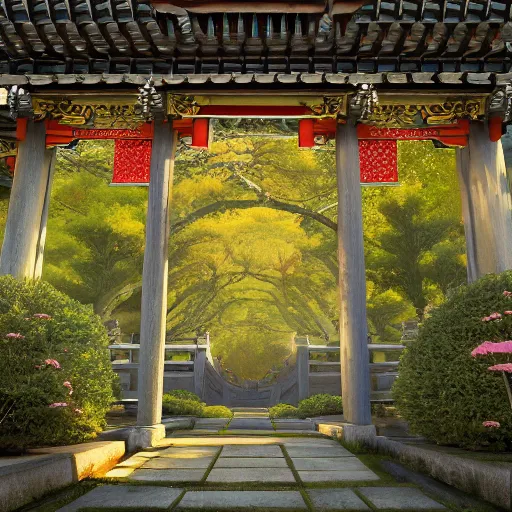 Image similar to traditional shinto garden, photorealistic, baroque, renaissance, by emedios varo and anato finnstark and fenghua zhong, hyperrealism, 4 k 8 k, 3 d, masterpiece, texture, captivating, awe inspiring