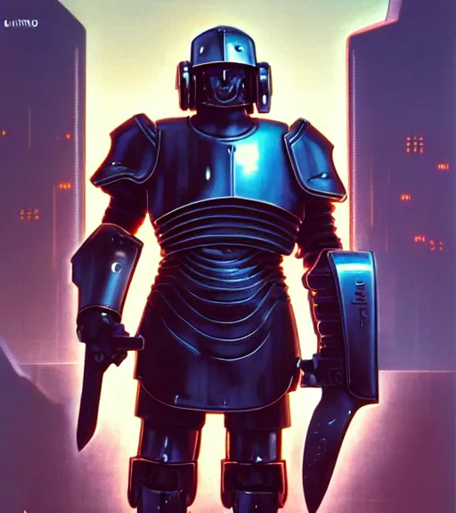 Image similar to a large cyberpunk paladin in rounded heavy plate armor with large shoulder pads and a spartan helmet and a very large shield he is holding a large axe in a cyberpunk setting, 1 9 6 9 omni magazine cover, style by vincent di fate, artgerm, cyberpunk 2 0 7 7, very coherent, detailed, 8 k resolution, unreal engine, daz