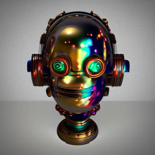 Image similar to a claymodel of a steampunk rococo spaced out futuristic robot head wearing multicolored tubes, 8 k, front view, symetrical, flourescent colors, halluzinogenic, multicolored, exaggerated detailed, front shot, 3 d render, octane