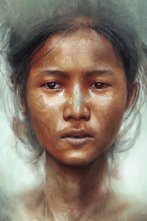 Image similar to a young nepalese woman, close-up portrait, poor, intricate, elegant, volumetric lighting, scenery, digital painting, highly detailed, artstation, sharp focus, illustration, concept art,ruan jia, steve mccurry