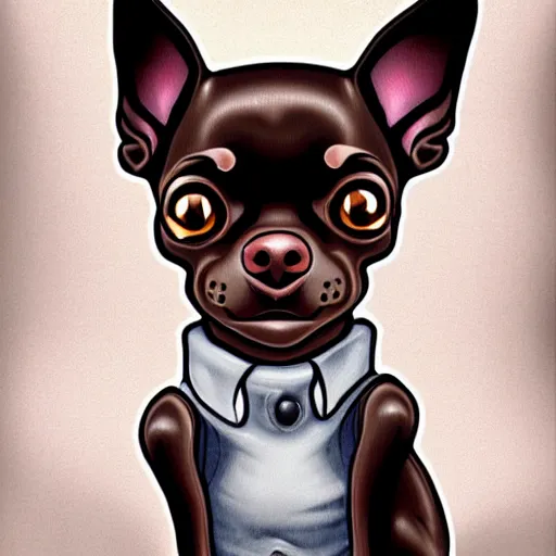 Image similar to a dark brown chihuahua, hyper detailed, in the style of junji ito, selfie shot straight on angle