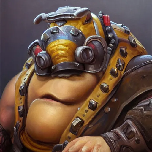 Image similar to detailed portrait of roadhog from overwatch, intricate, hyper detailed, realistic, oil painting, by julie bell, frank frazetta, cinematic lighting