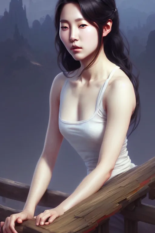 Image similar to beautiful digital painting of lee jin - eun gray background with high detail, 8 k, stunning detail, works by artgerm, greg rutkowski and alphonse mucha, unreal engine 5, 4 k uhd