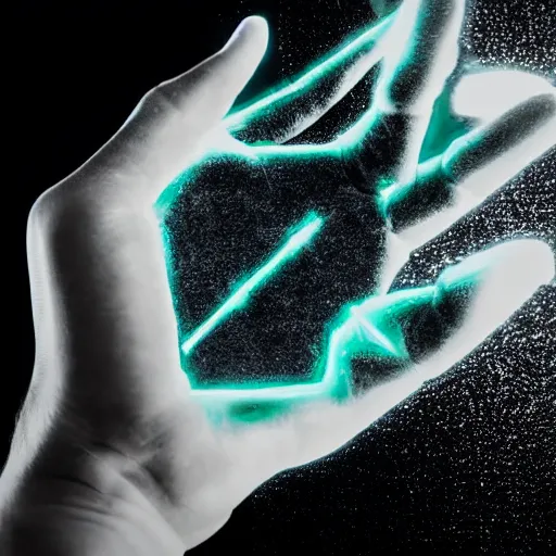 Image similar to a glowing shard of kryptonite held in an open black - gloved hand, black background