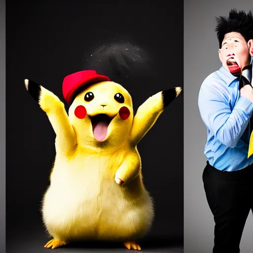 Image similar to portrait sneezing mid - sneeze midsneeze detective sneezing pikachu mid - sneeze wiping face with rag at a photoshoot studio lighting