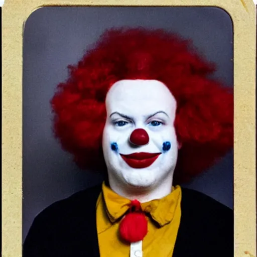 Prompt: ronald mcdonald clown booking photo, arrest, 1800s colorized