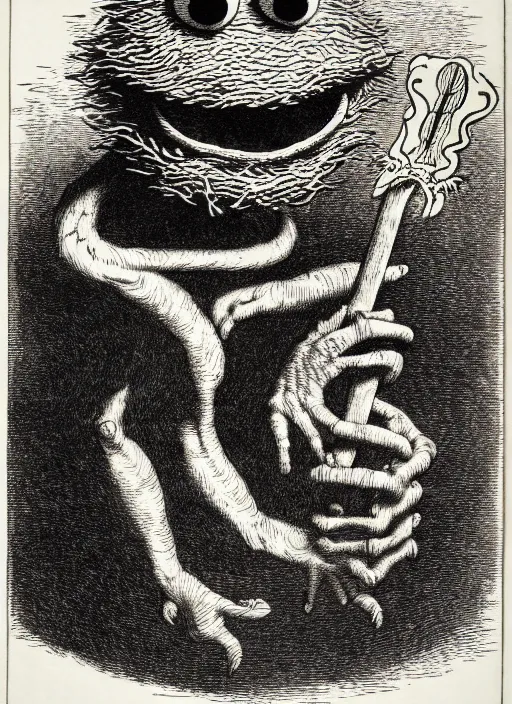 Image similar to cookie monster as a demon from the dictionarre infernal, etching by louis le breton, 1 8 6 9, 1 2 0 0 dpi scan, ultrasharp detail, clean scan