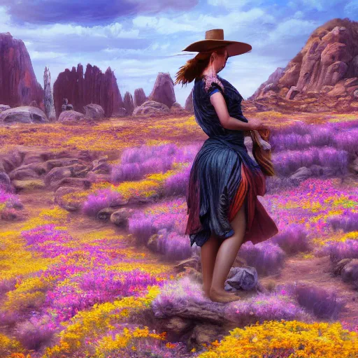 Image similar to a matte painting of the wild west, woman standing in patchy flower rocks, oil painting, pale colors, high detail, 8 k, wide angle, trending on artstation,