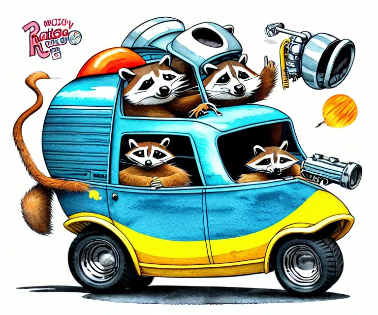 Prompt: cute and funny, racoon wearing a helmet, riding in a tiny hot rod with oversized engine | ratfink style by ed roth, centered award winning watercolor pen illustration, isometric illustration by chihiro iwasaki, edited by range murata, tiny details by artgerm, symmetrically isometrically centered