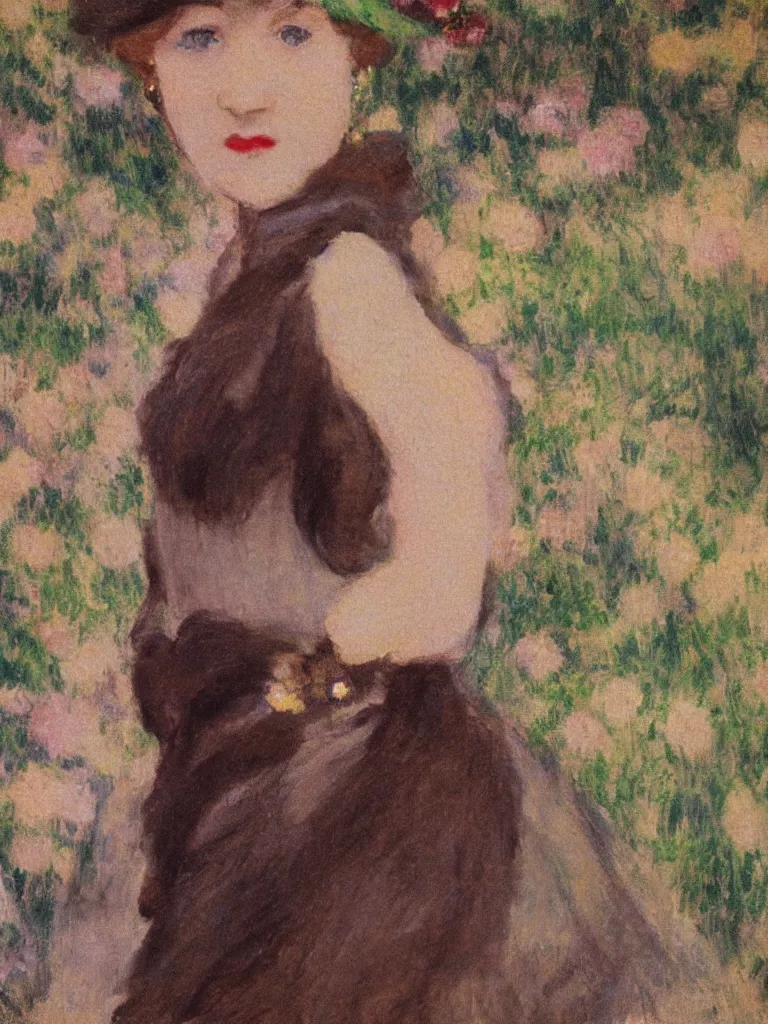 Image similar to portrait of < zelda fitzgerald > as a beautiful young lady wearing 1 9 2 0 s fashion, blurry face, brown hair, slim, fair, severe out of focus, depth of field, pleinairism, in the sun, backlit, closeup, oil on canvas, atr by monet, in the style of le promenade, smooth, impressionnisme, 8 k