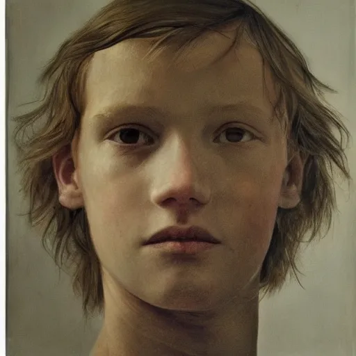 Prompt: portrait of a beautiful boy by Vanessa Beecroft and Andrew Wyeth