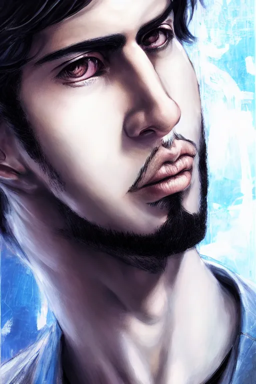 Image similar to beautiful medium shot portrait of a young arabic man casually dressed inspired by ayami kojima, three - quarters portrait, white background white bank studio light, artstation, movie poster, art by yoshitaka amano, hiroaki samura, jiro matsumoto and yusuke murata, sharp focus, high quality, 8 k